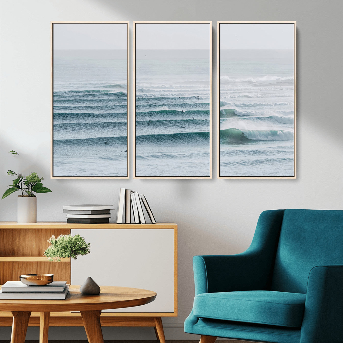 High-angle view of surfers lining up across layered ocean waves, ideal for minimal coastal or surf-inspired room decor.