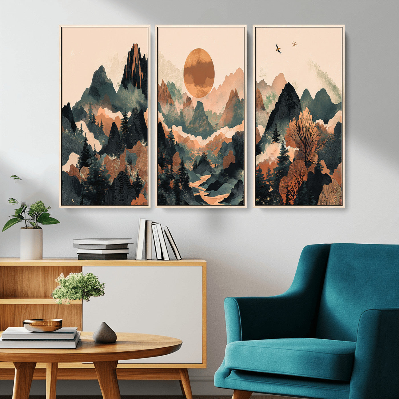Mountain Landscape Wall Art Print - Sunset Hills Canvas Print, featuring an abstract nature scene with earthy tones and misty peaks, perfect for boho and modern decor.