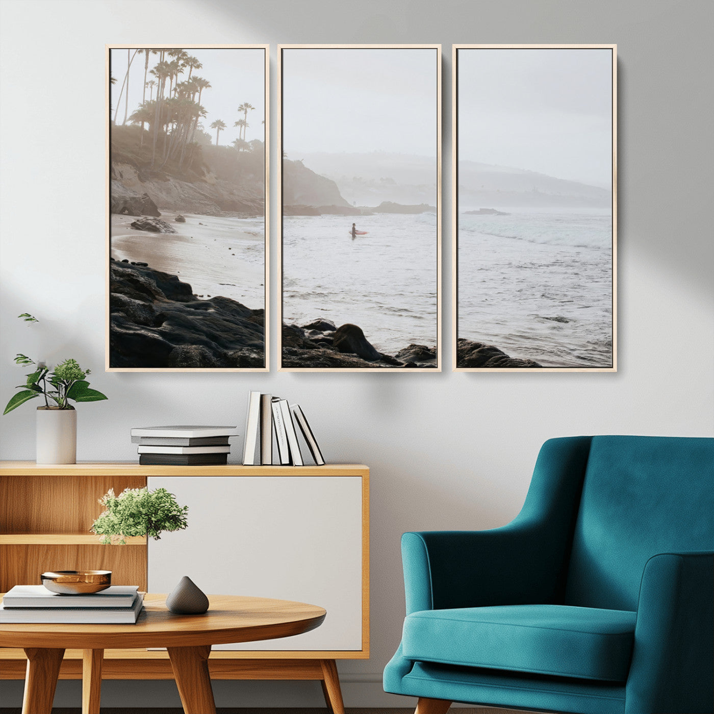 Framed canvas of a surfer in misty coastal tones at a foggy California beach, ideal for minimalist coastal beach or serene ocean-themed decor.