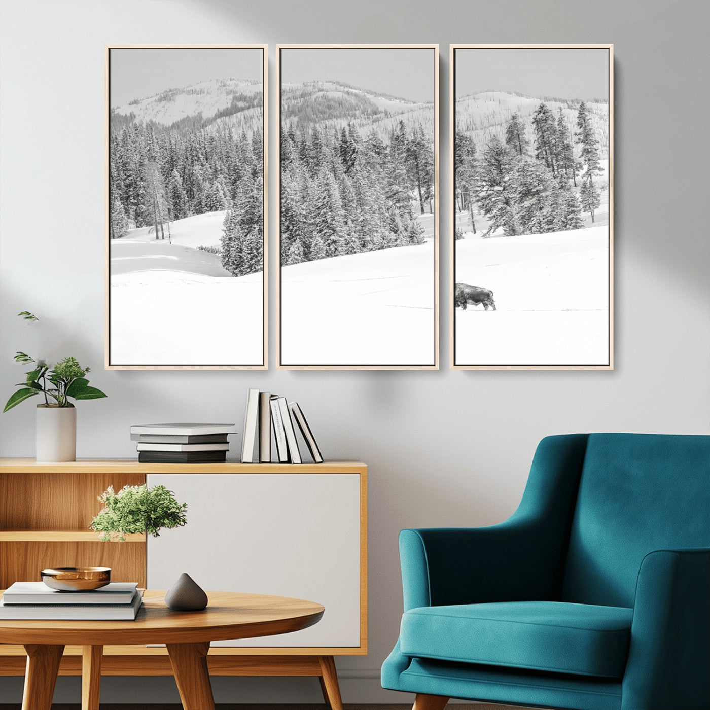 Snowy bison walking through white forest landscape, ideal for monochrome winter or wilderness-style interior wall decoration.