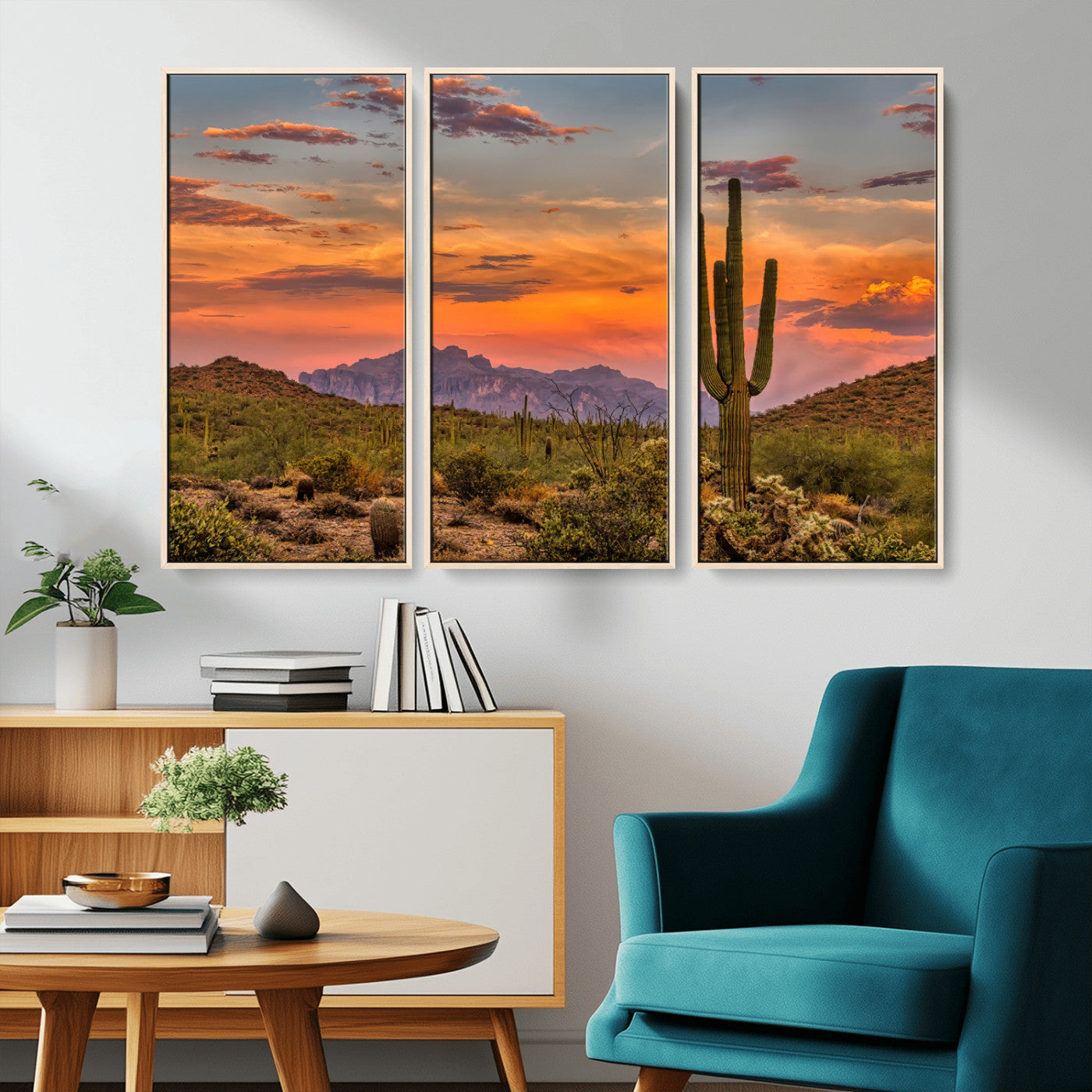 Vibrant desert sunset with saguaro cacti and distant mountains, perfect for Southwestern or warm-toned home decor.