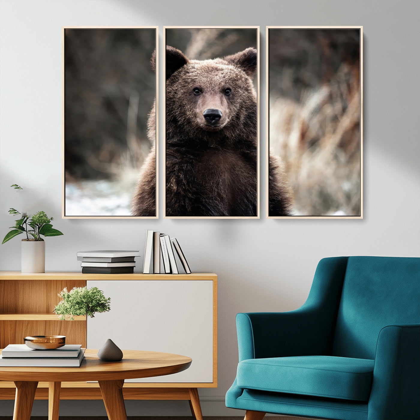 Canvas of a brown bear in soft earthy tones and moody forest light, ideal for rustic cabin or woodland nature-themed home decor.