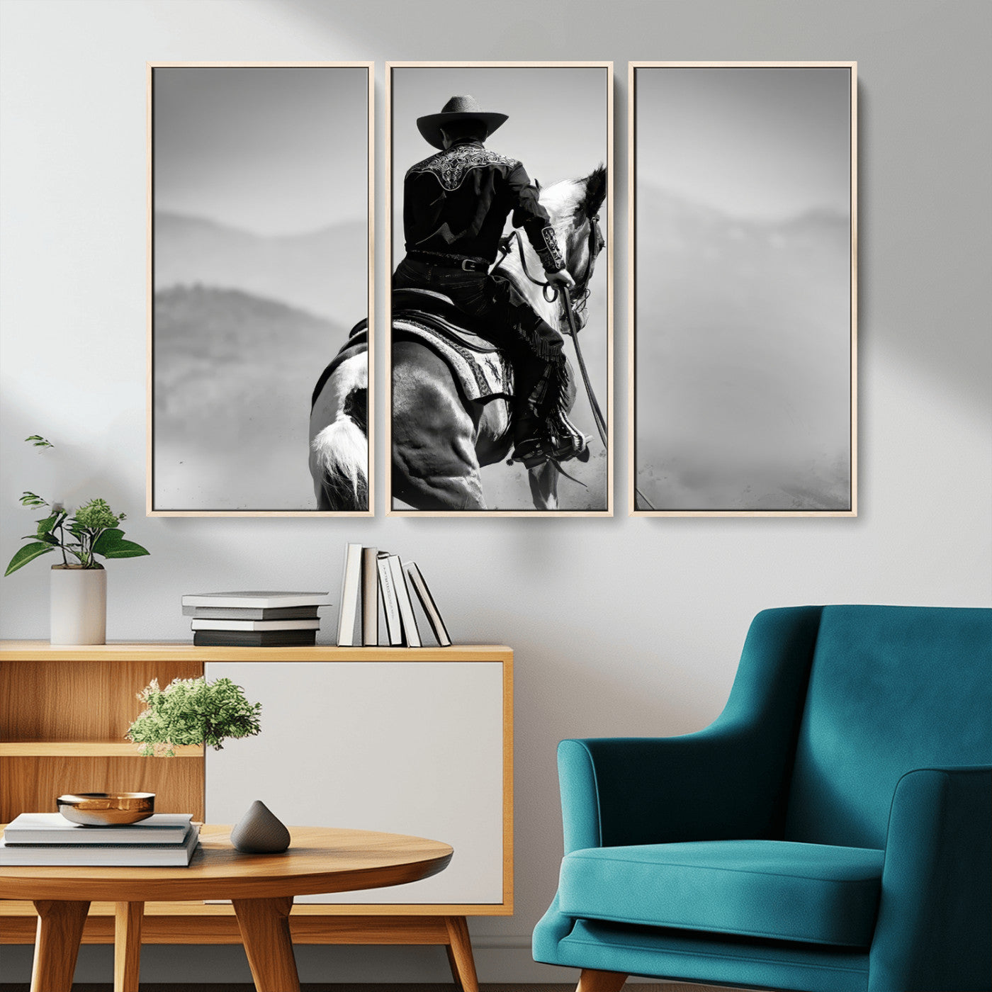 Black and white canvas of a cowboy on horseback with moody tones, perfect for rustic western or country-inspired home decor.