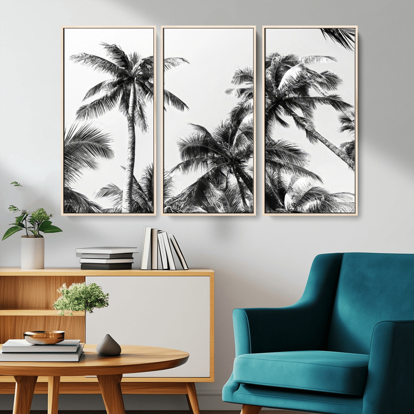 Black and white canvas of tall palm trees in moody tones, perfect for modern tropical minimalist or coastal-style home decor.
