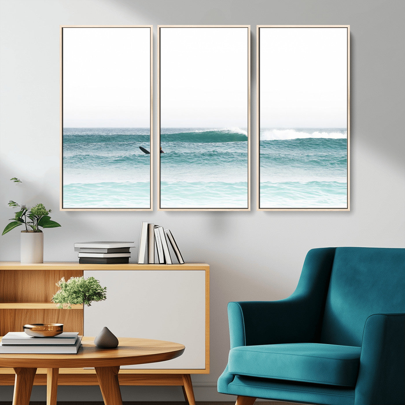 Minimalist photo of a lone surfer on calm aqua waves under bright sky, perfect for Scandinavian coastal or serene ocean-inspired home decor.