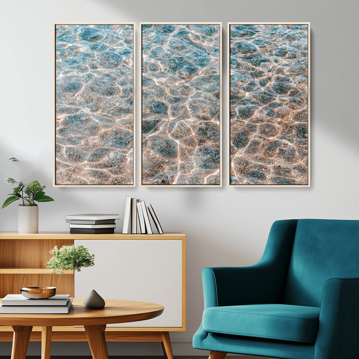Close-up of sunlit ocean ripples with aqua blue and golden tones, ideal for modern coastal or minimalist home decor.