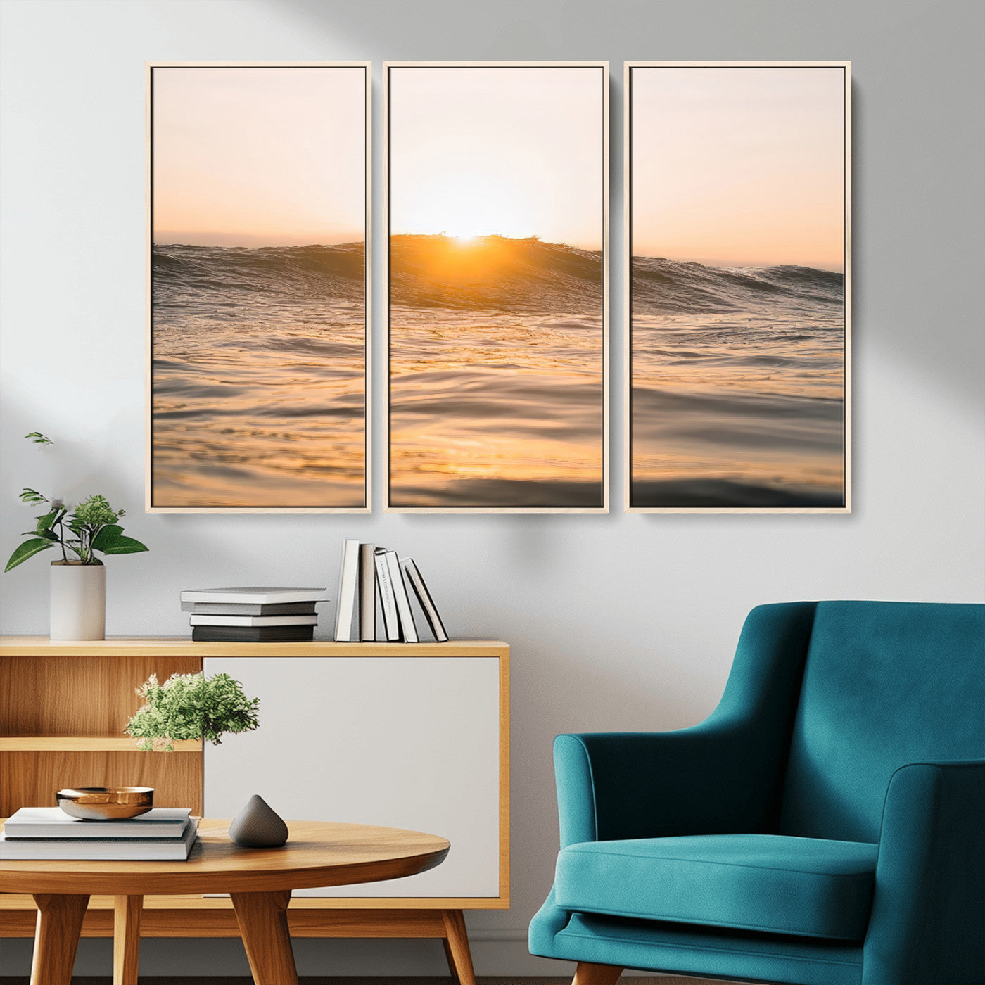 Ocean waves glowing under a warm golden sunset, reflecting soft light and calm movement, perfect for warm minimalist coastal interiors.