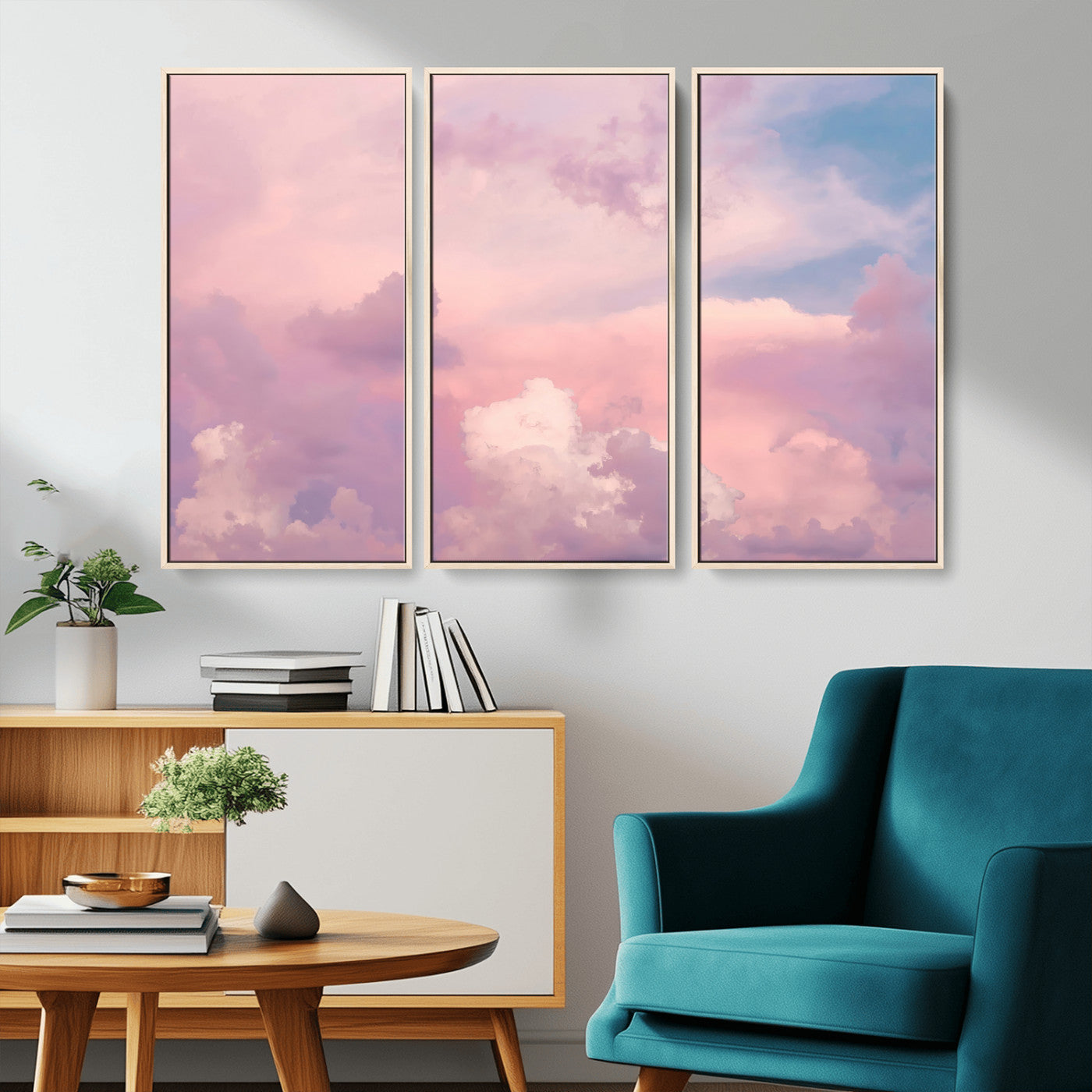 Soft pastel-colored clouds in shades of pink, purple, and blue, creating a dreamy and serene sky perfect for a calming decor touch.
