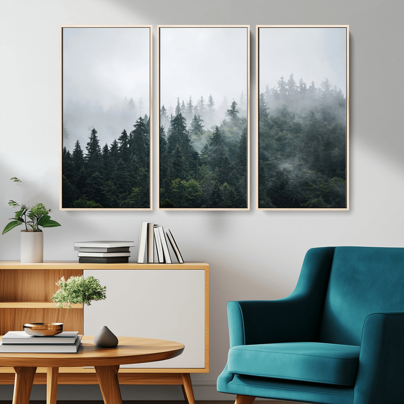 A misty evergreen forest shrouded in soft fog, creating a tranquil and moody landscape with lush green trees fading into the distance.