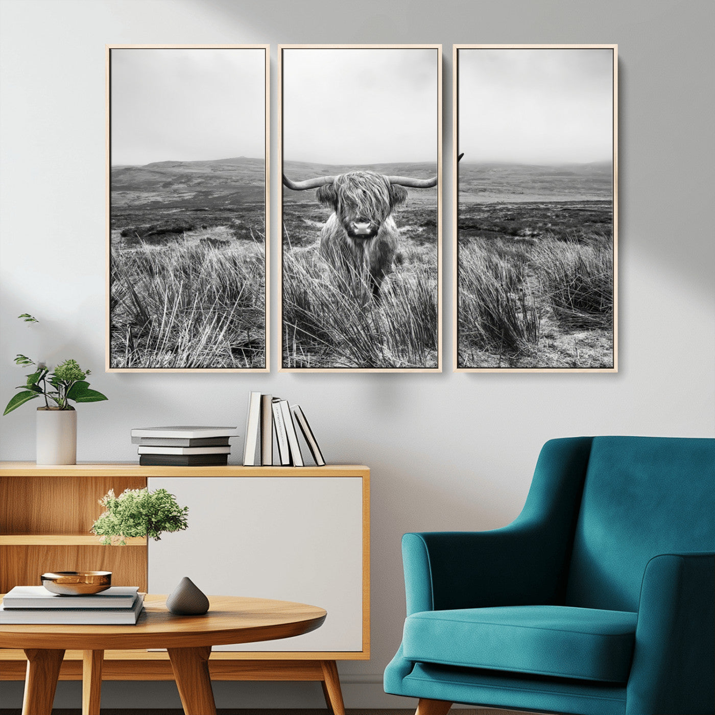 A black and white portrait of a Highland cow in a foggy Scottish countryside, capturing a rustic aesthetic and tranquil farm escape.