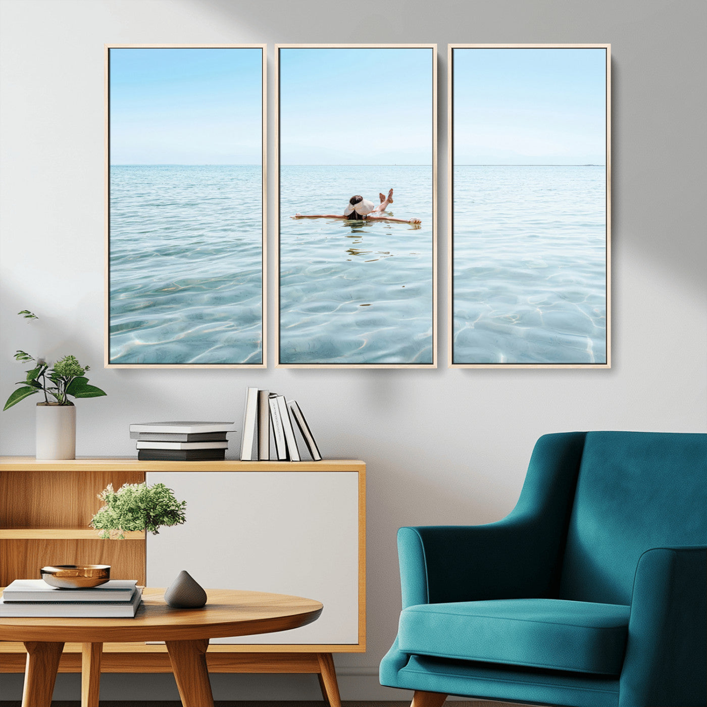 A peaceful minimalist scene of a person floating on crystal-clear water, surrounded by a vast open horizon, capturing relaxation and serenity in a tranquil aquatic setting.
