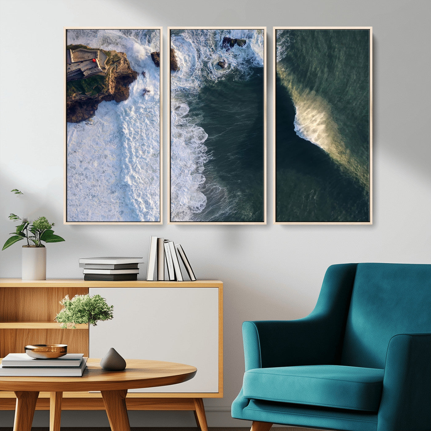 Canvas showing an aerial view of crashing waves along the Nazaré coastline, perfect for dramatic coastal or ocean-themed home decor.