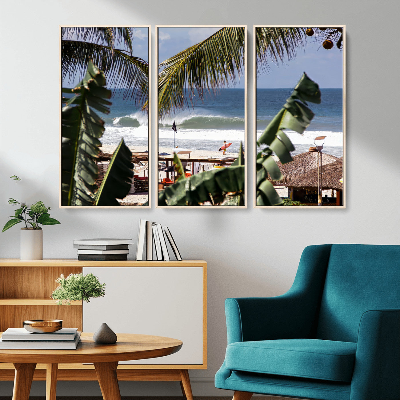 Canvas wall art of a tropical surf scene framed by palm trees, with a surfer on the shore and waves rolling in, ideal for beach-themed decor.