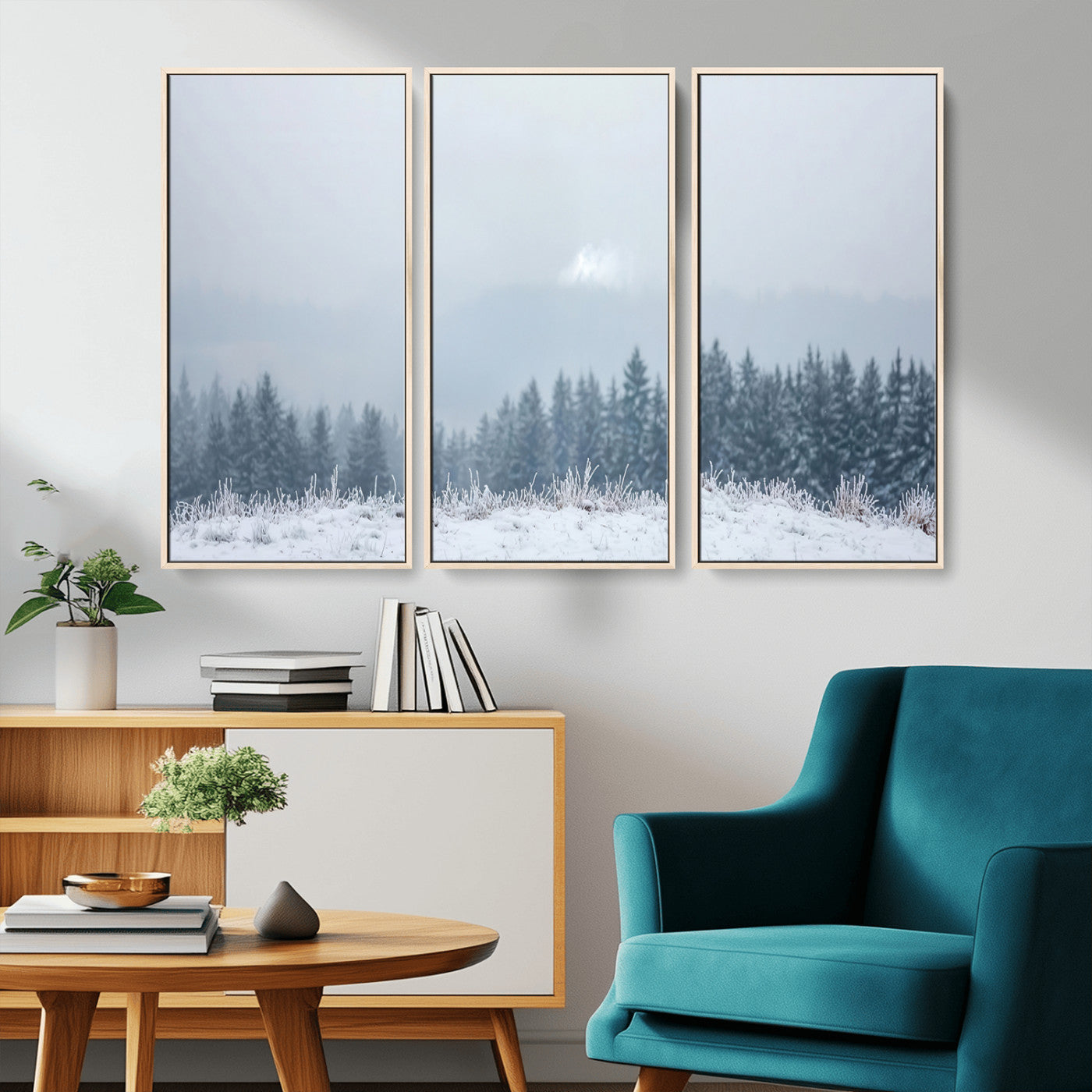 Snow-covered forest under misty sky, soft light breaking through clouds, ideal for minimalist or Nordic-inspired home decor.
