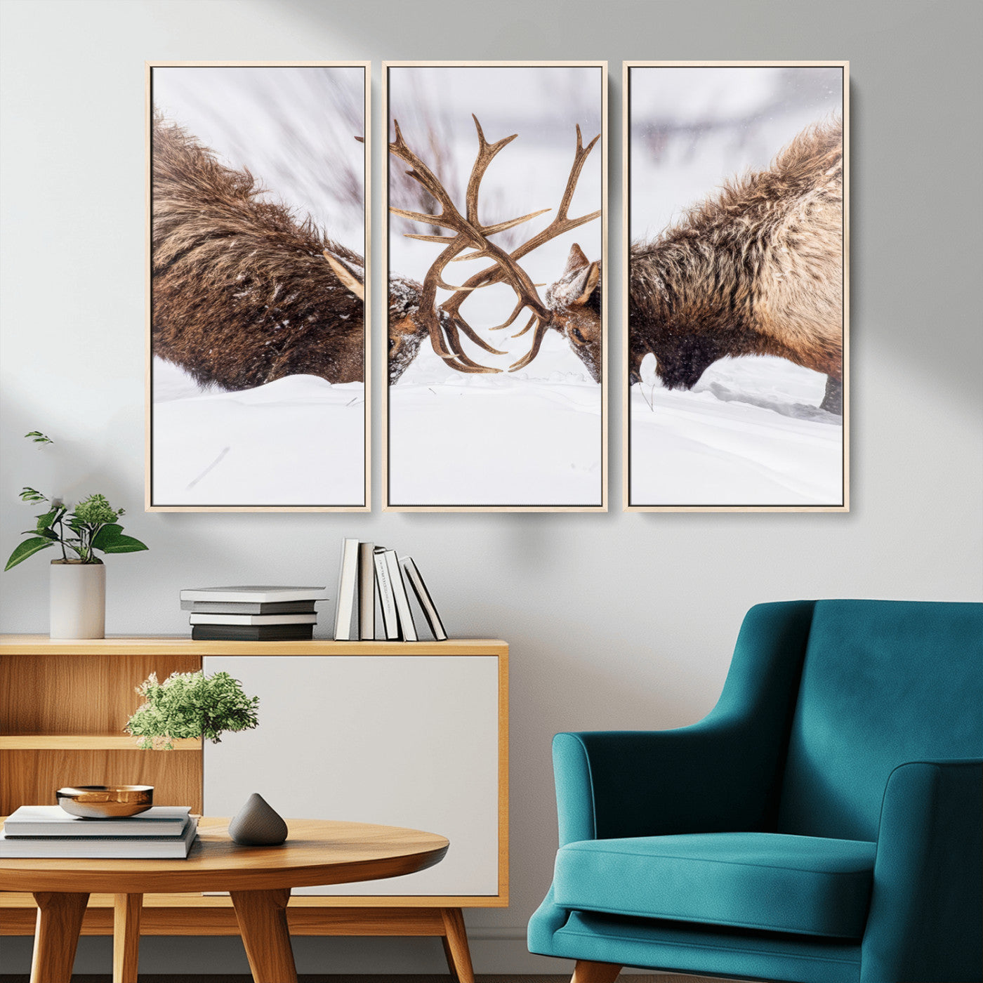 Two elk clashing antlers in a snowy forest, capturing raw power and wild energy, ideal for rustic cabin or lodge-style decor.