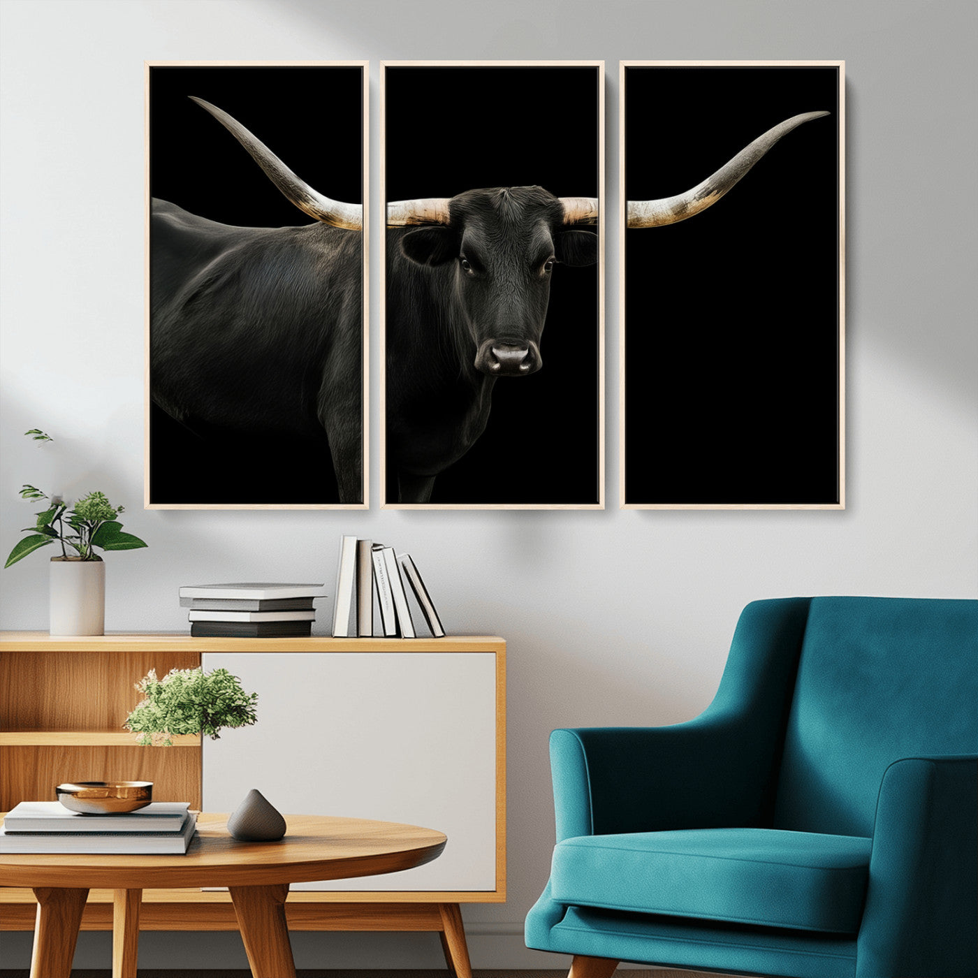 Close-up of a black Texas longhorn with large curved horns on black background, ideal for rustic farmhouse or modern western interiors.