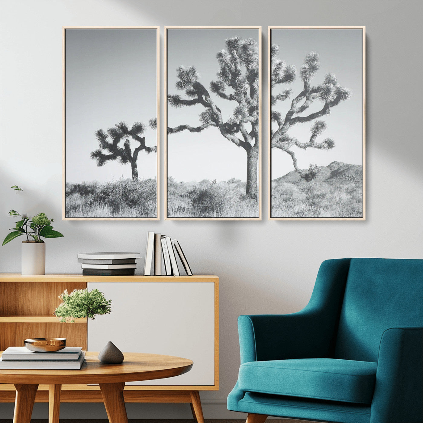 Black and white Joshua tree in a desert landscape with soft light and dry brush, perfect for rustic or minimalist home decor.