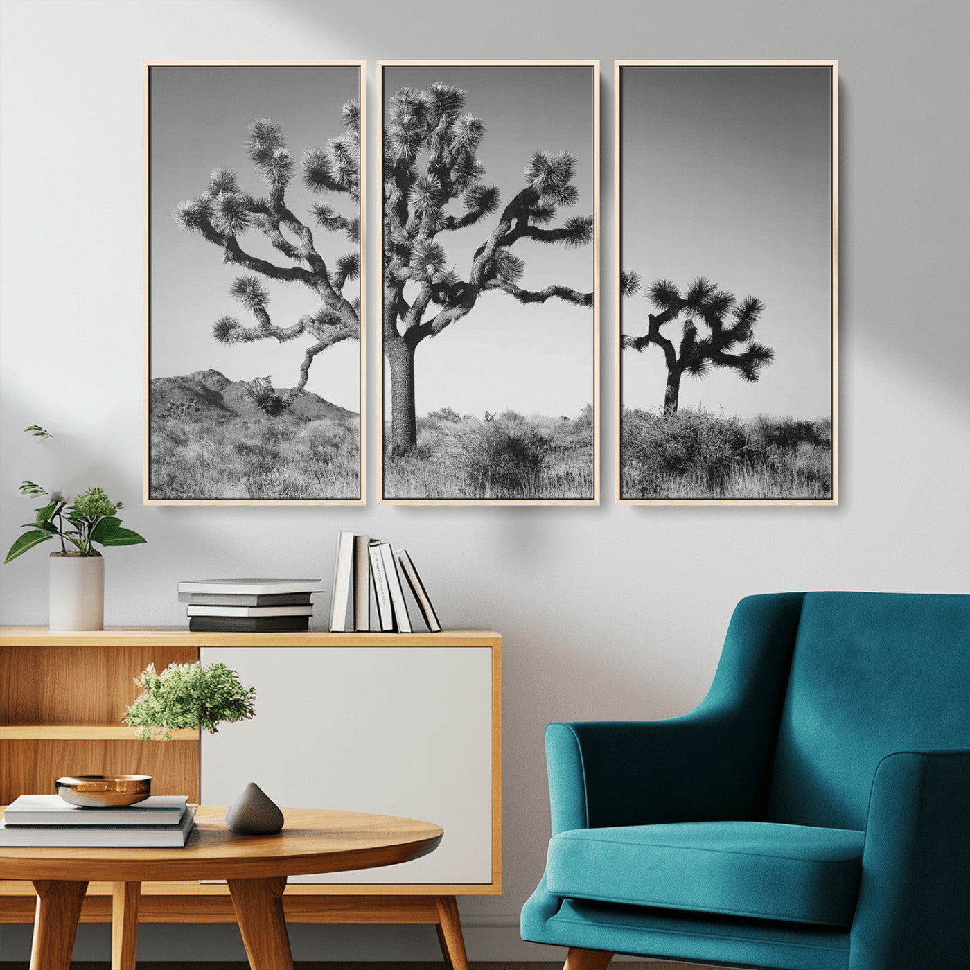 Black and white Joshua trees in a rugged desert landscape, creating a calm and minimalist feel for natural or rustic-themed interiors.