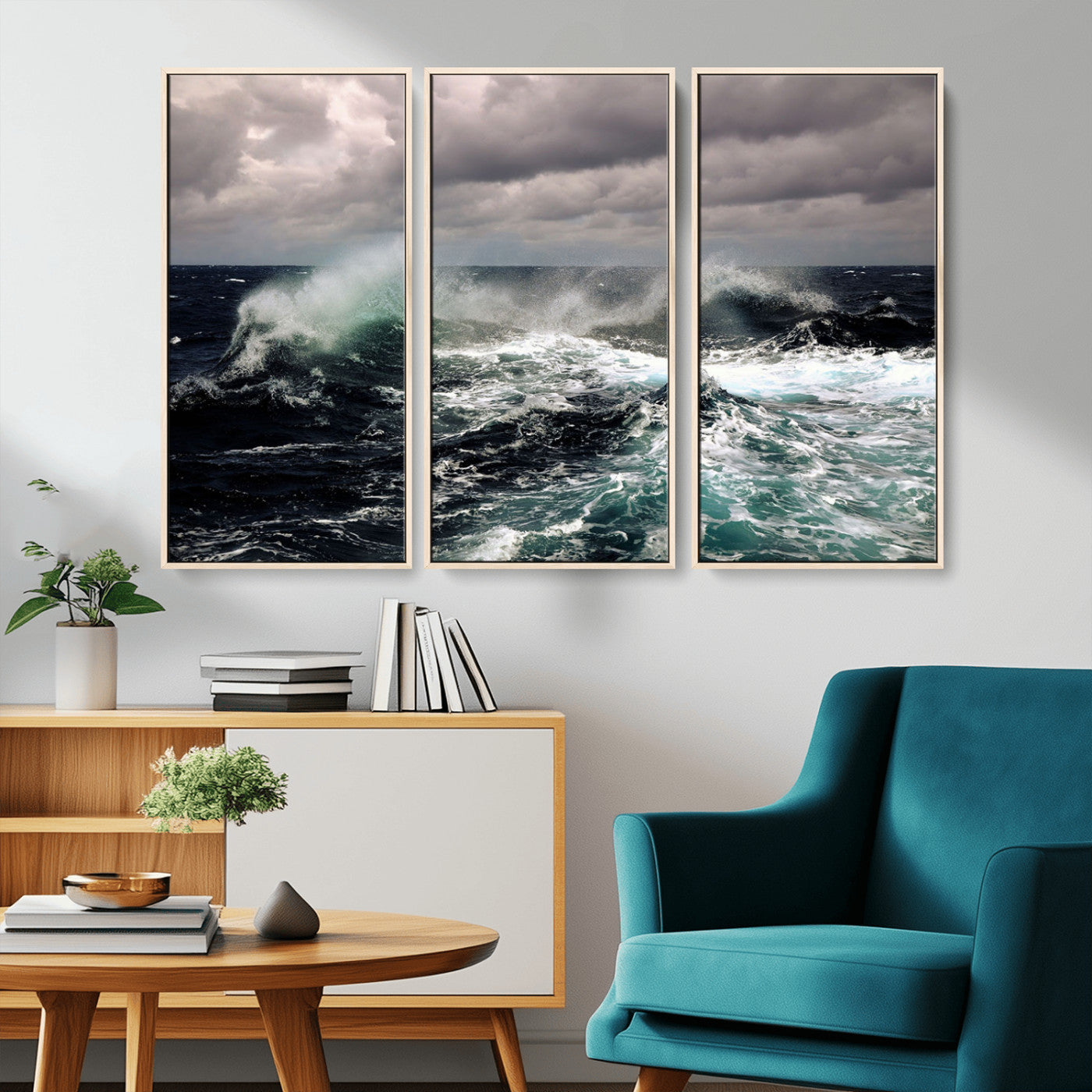 Powerful ocean waves crashing under stormy skies, creating a dynamic and intense seascape.