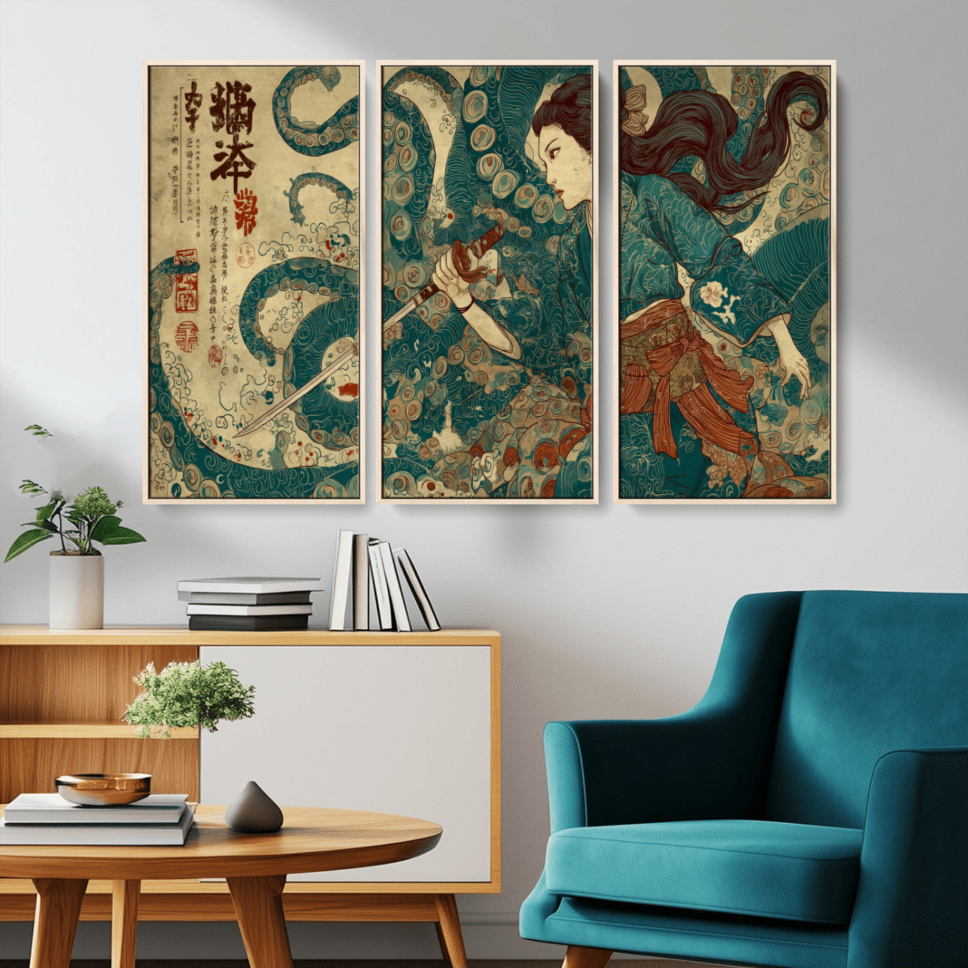 Tsukioka Yoshitoshi Samurai Wall Art Print, Japanese Katana Warrior Canvas Wall Art, Octopus Sea Monster Canvas Print,