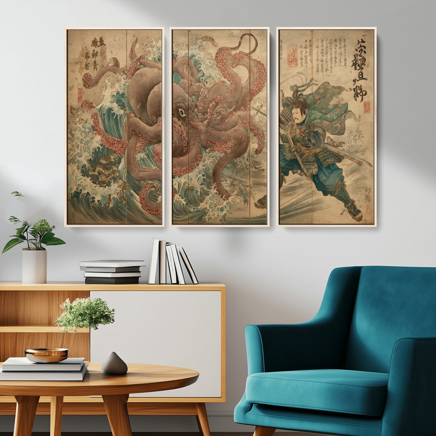 Tsukioka Yoshitoshi Samurai Wall Art Print, Japanese Katana Warrior Canvas Wall Art, Octopus Sea Monster Canvas Print,