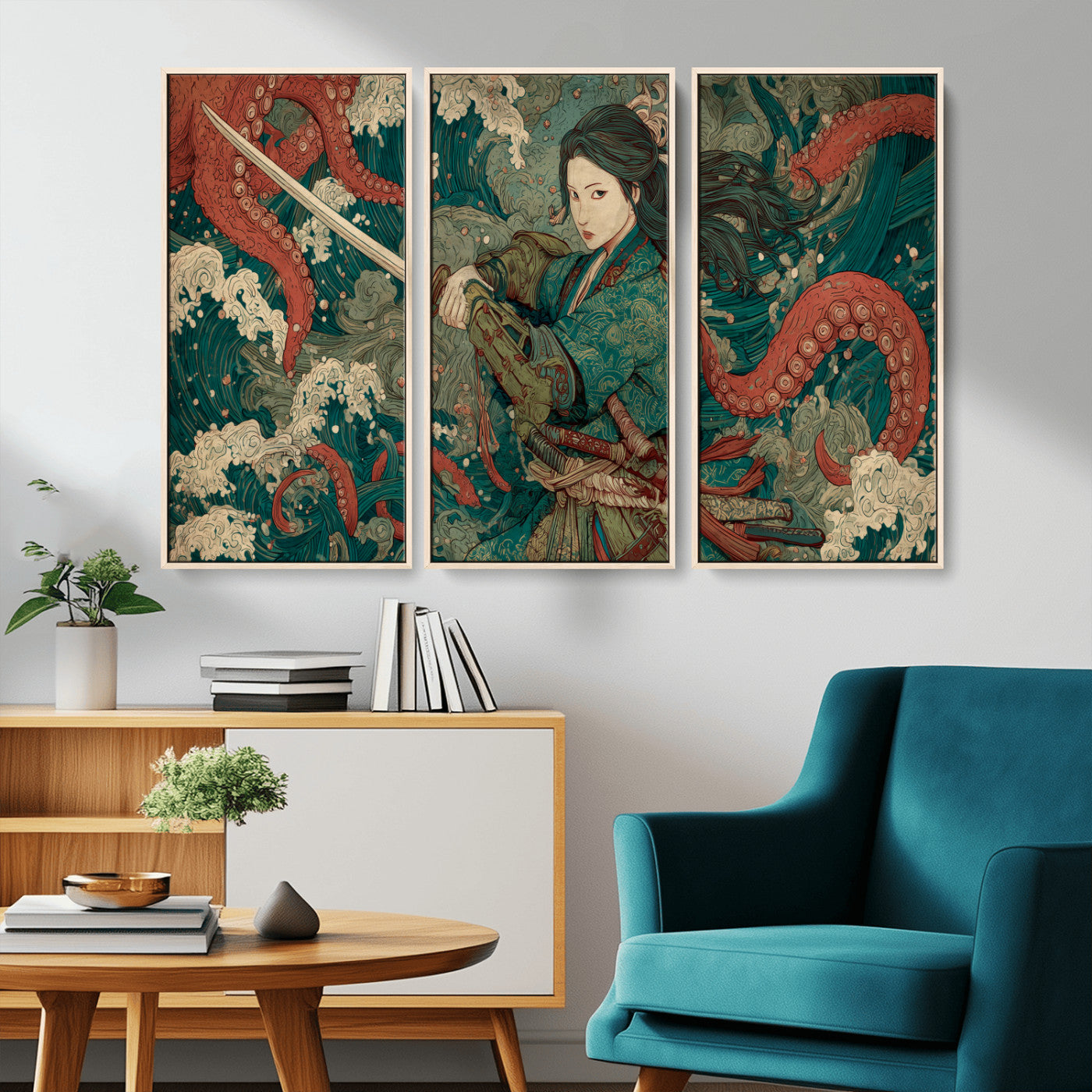 Tsukioka Yoshitoshi Samurai Wall Art Print, Japanese Katana Warrior Canvas Wall Art, Octopus Sea Monster Canvas Print,