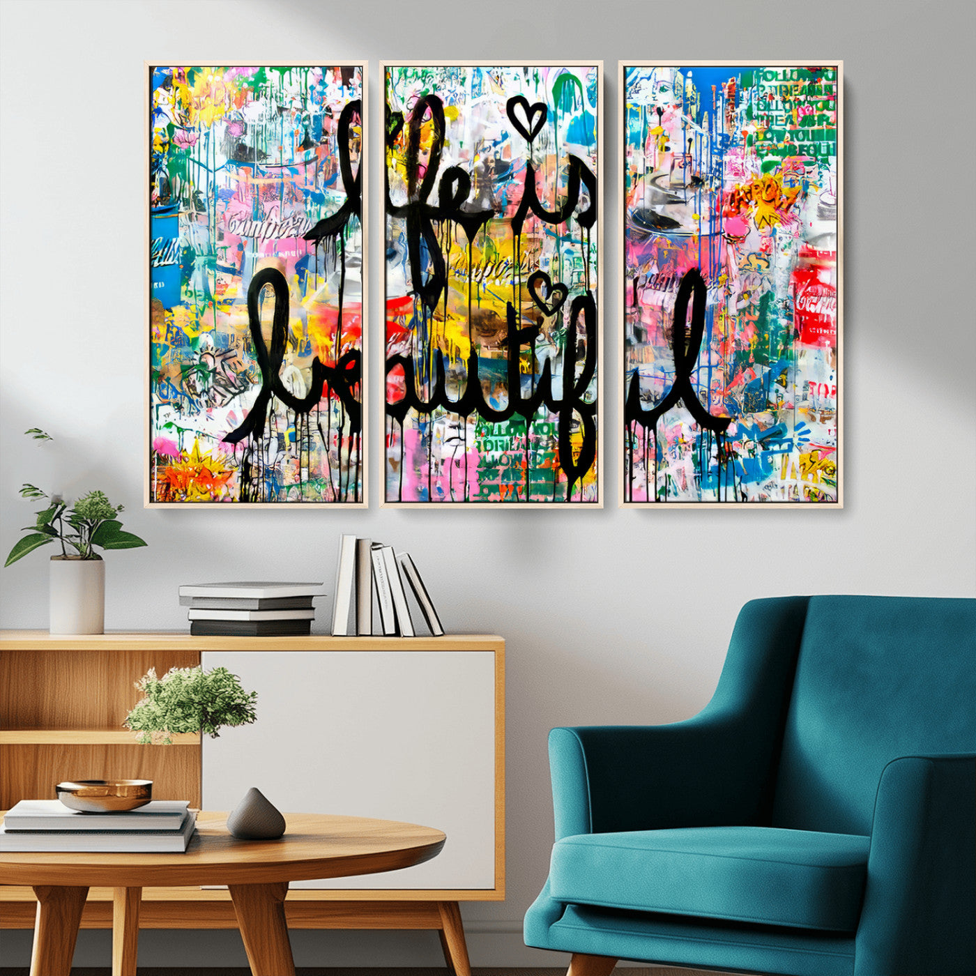 Colorful urban-style canvas with graffiti text “Life is Beautiful” in black paint, ideal for bold or street-themed home decor.