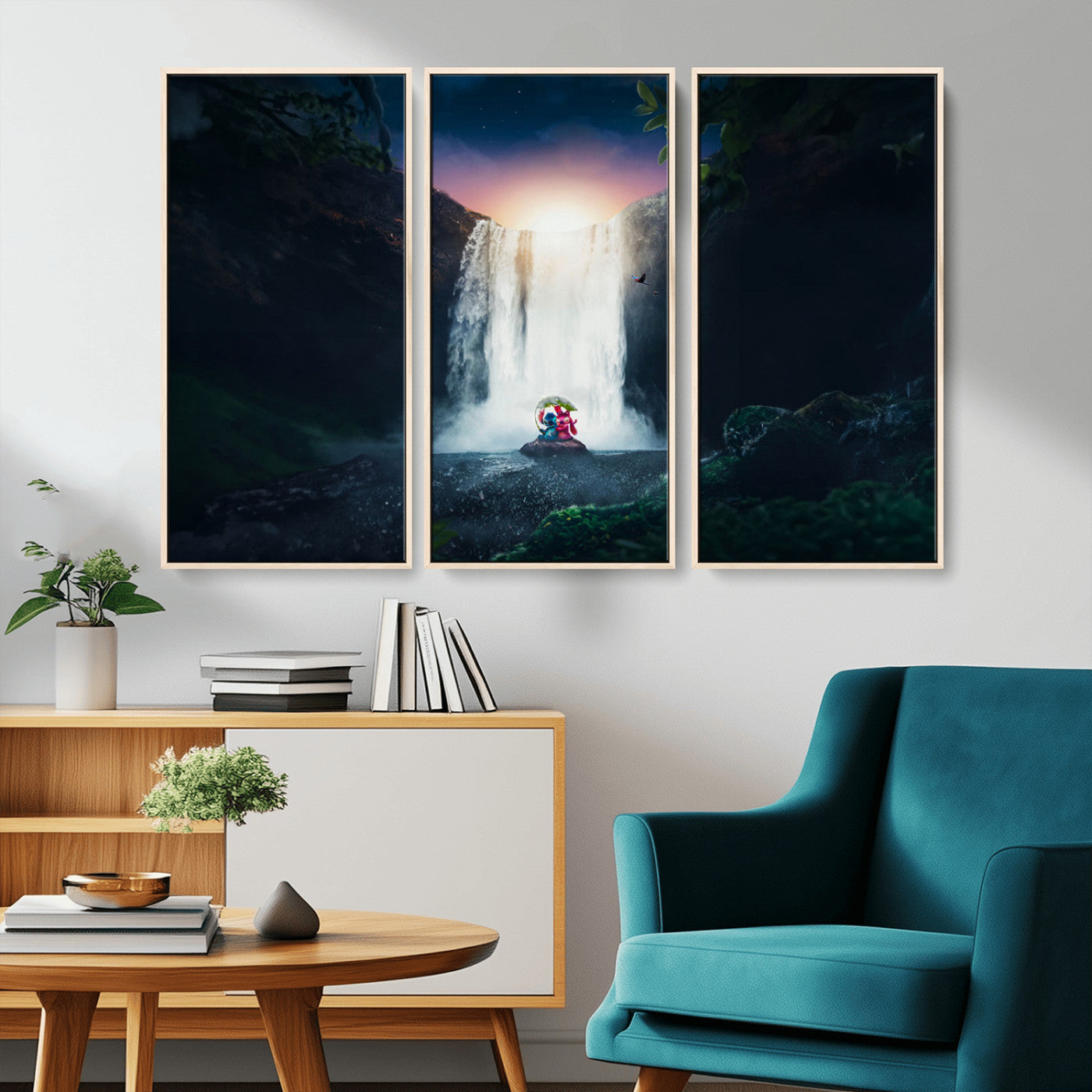 Romantic scene of Stitch and Angel sitting under a leaf in front of a glowing waterfall, ideal for tropical or fantasy-themed decor.