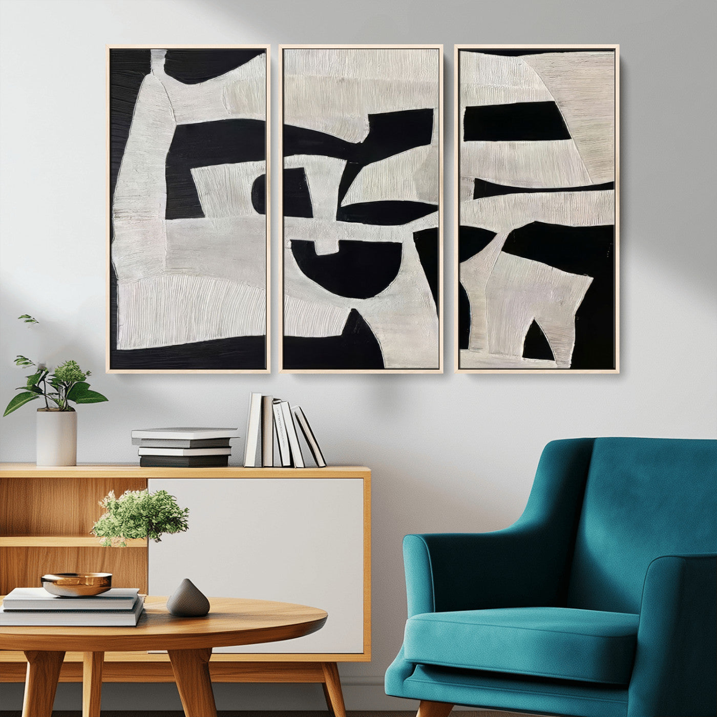 Minimalist black and white canvas featuring bold abstract textures and geometric shapes, ideal for modern neutral decor.