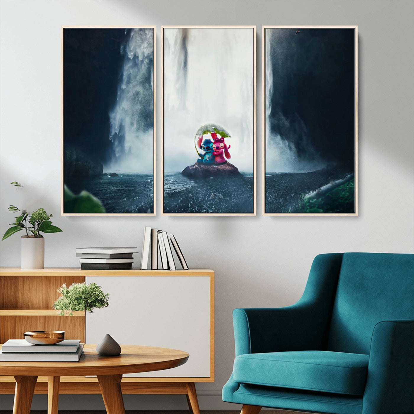 Fantasy canvas of Stitch and Angel under a leaf umbrella in front of a dramatic waterfall, perfect for moody jungle-themed or animated decor.