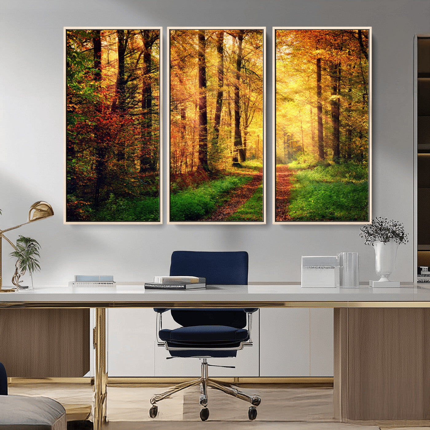 73494-MGV-CV-36X24-Golden Autumn Forest Path Wall Art – Sunlit Woodland Canvas Print, Fall Nature Landscape Home Decor