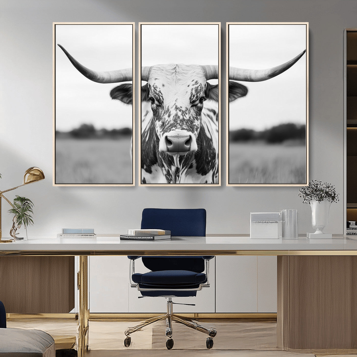 Capture the strength and elegance of nature with this striking black and white portrait of a longhorn cow. Its powerful presence makes a bold statement in any room.