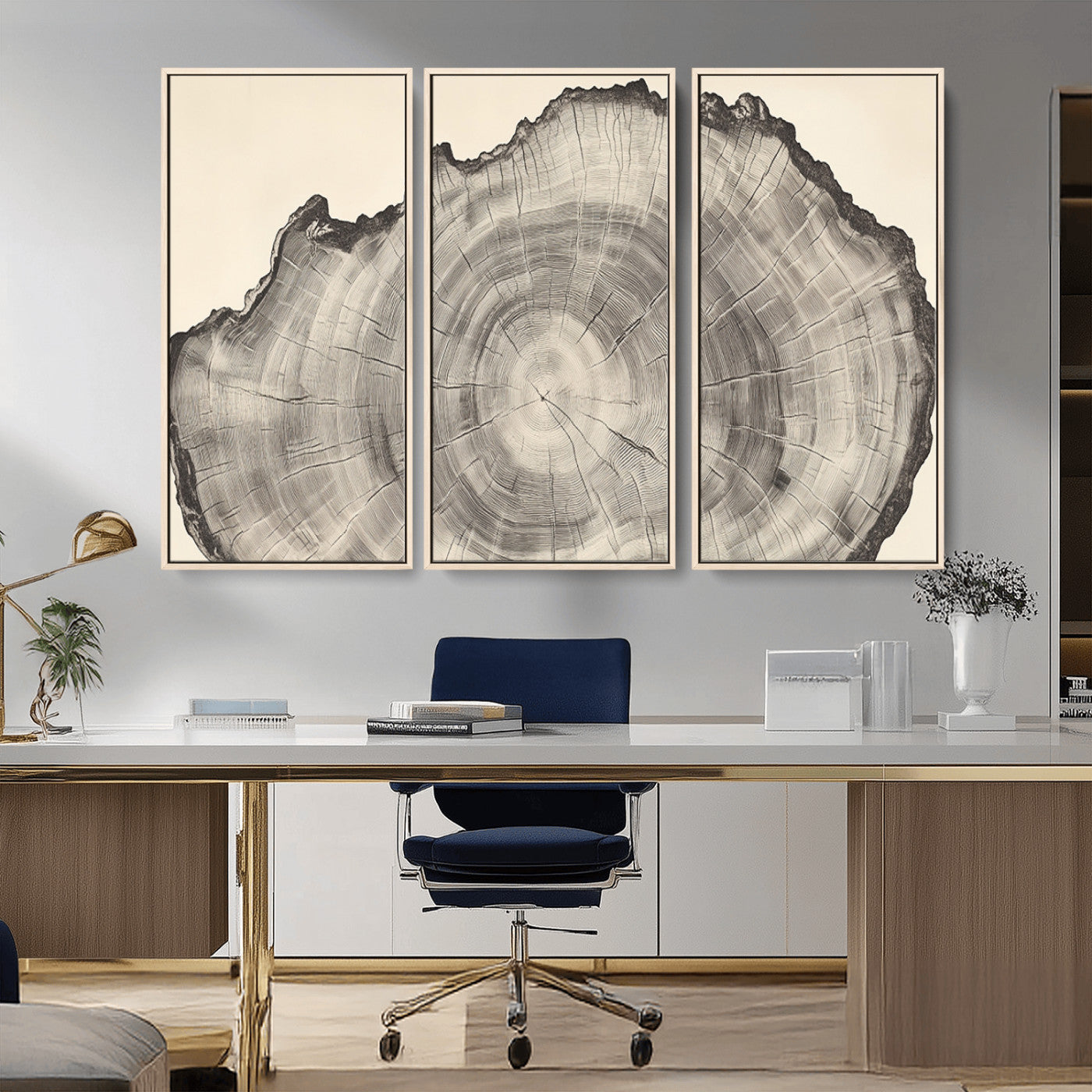 Detailed tree ring drawing in monochrome tones, ideal for rustic or nature-inspired interiors with a minimal decor aesthetic.