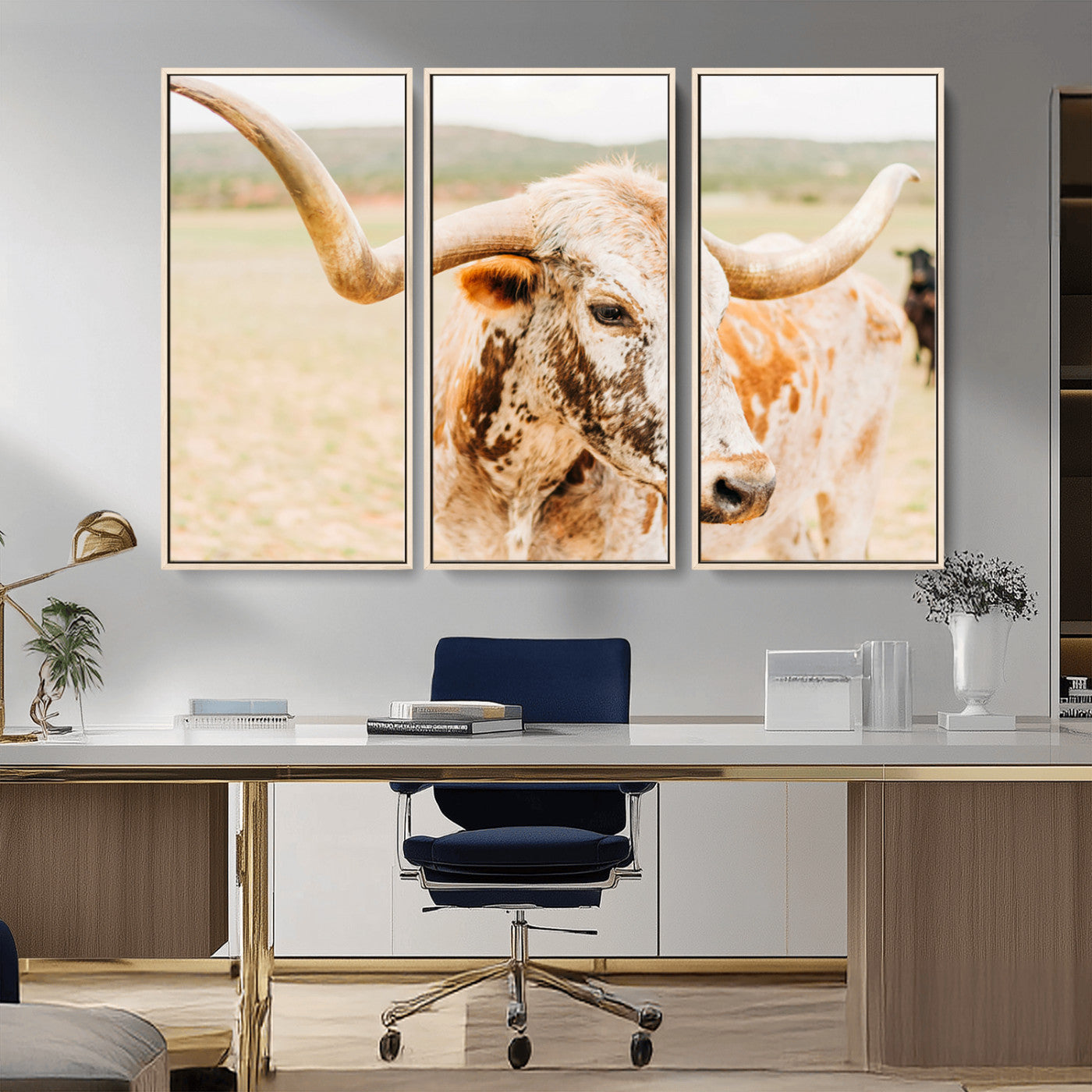 Close-up of a speckled Texas Longhorn in warm prairie tones, perfect for rustic western or countryside-themed room decor.