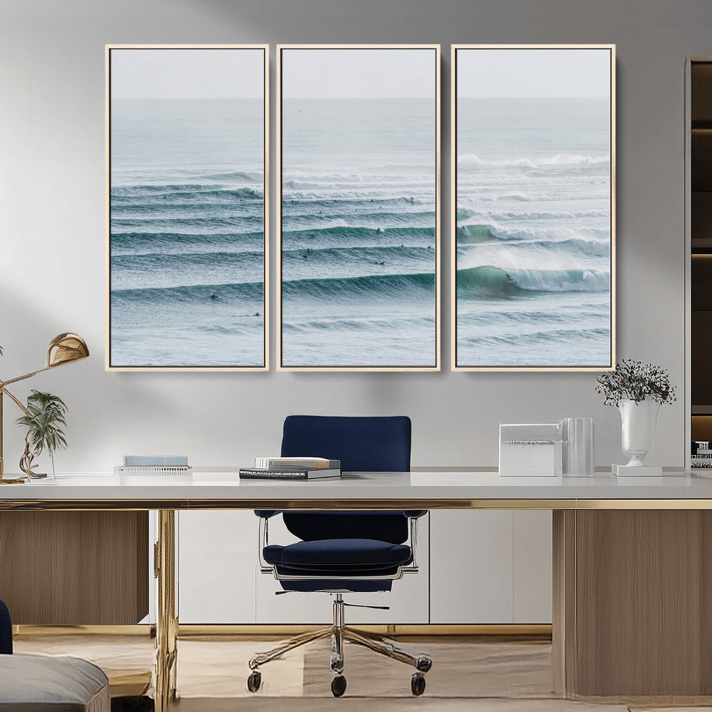 High-angle view of surfers lining up across layered ocean waves, ideal for minimal coastal or surf-inspired room decor.