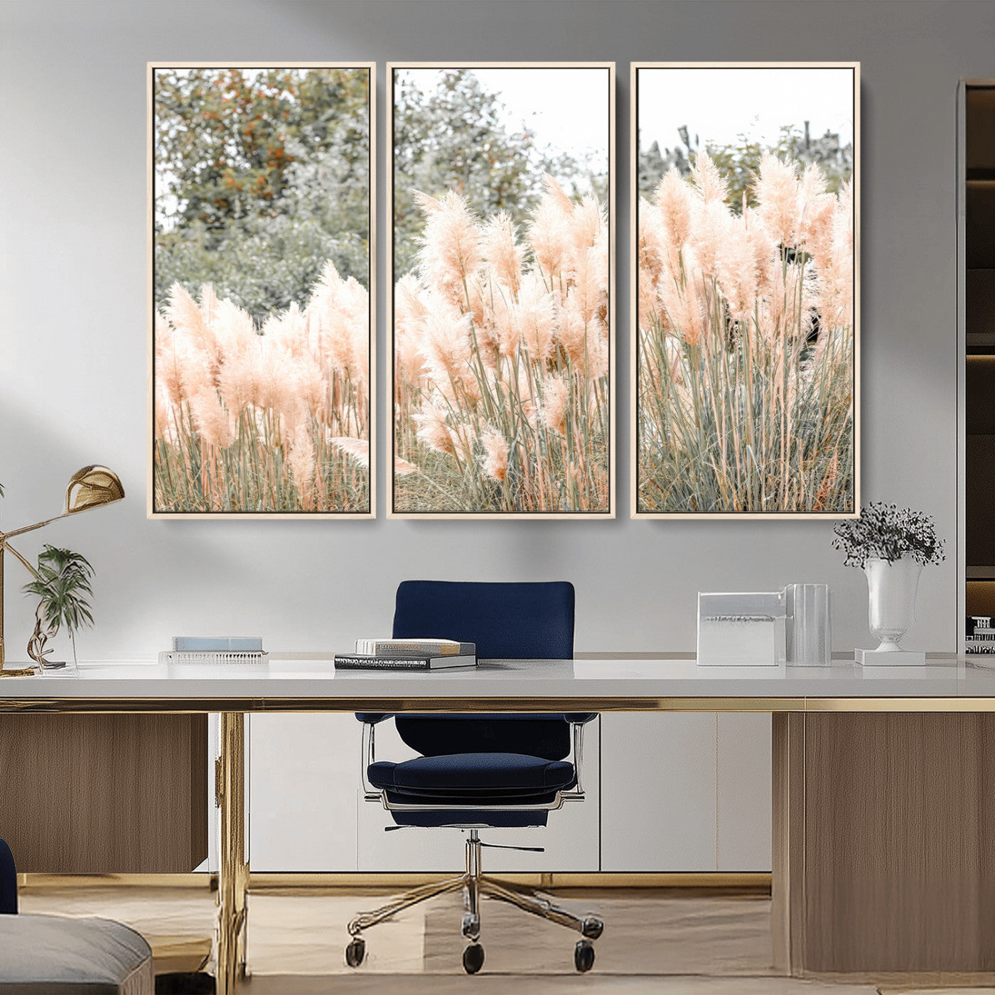 Soft pastel pampas grasses in a natural setting, ideal for neutral boho or rustic botanical-style interior wall decoration.