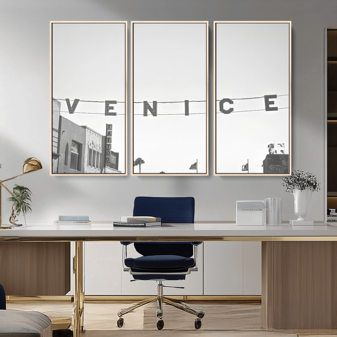 Black and white photo of Venice Beach sign and palm-lined street, perfect for urban coastal or minimalist LA-inspired wall decoration.