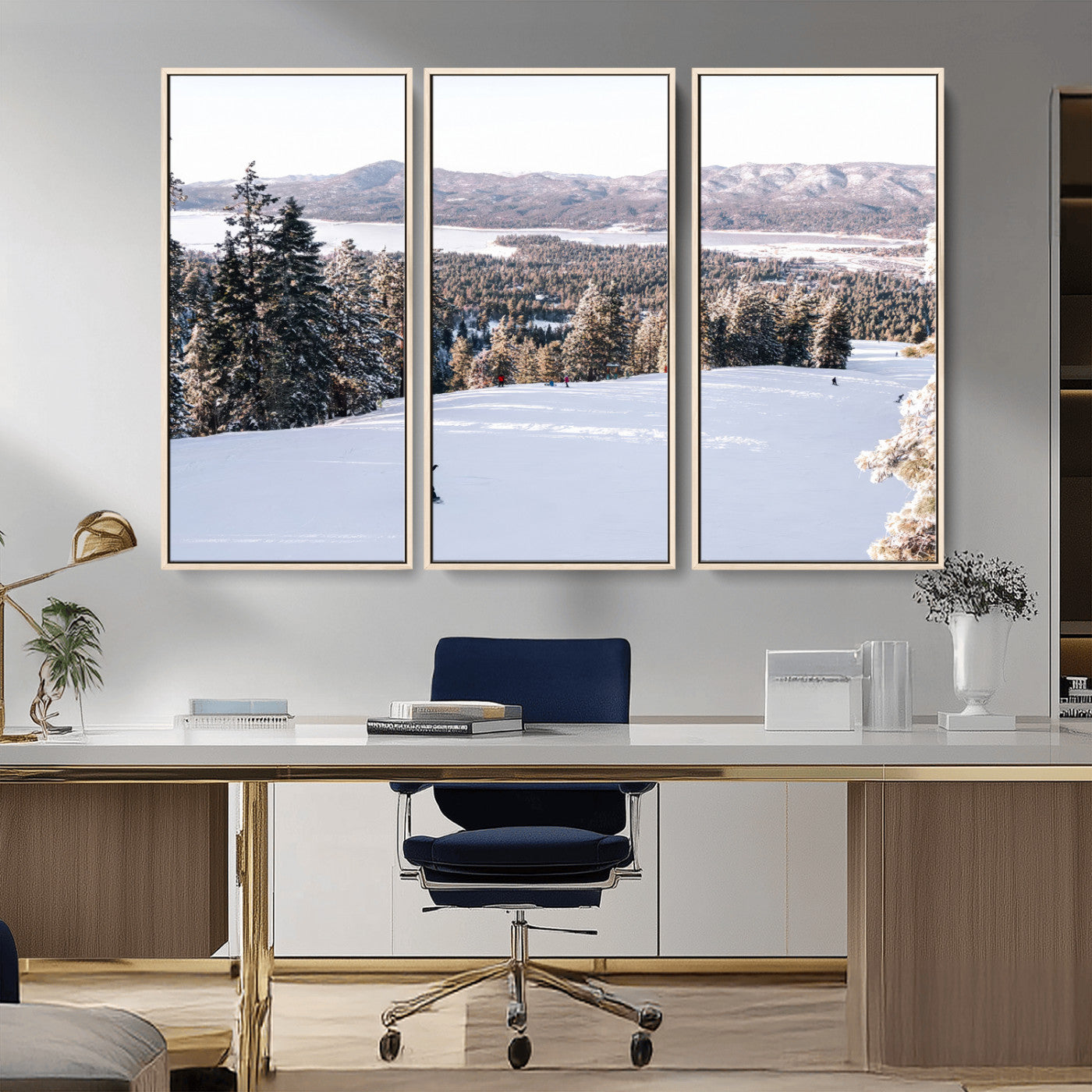 Canvas of a snowy mountain ski slope with pine trees and bright winter light, ideal for modern rustic or alpine-inspired home decor.
