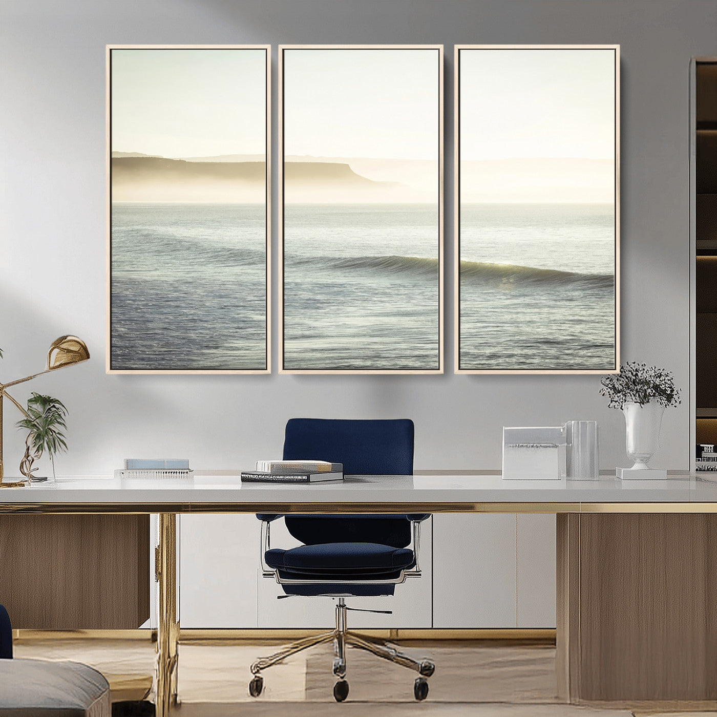 Canvas of a misty ocean scene with coastal cliffs and soft neutral tones, ideal for Scandinavian coastal or minimalist nature-inspired home decor.
