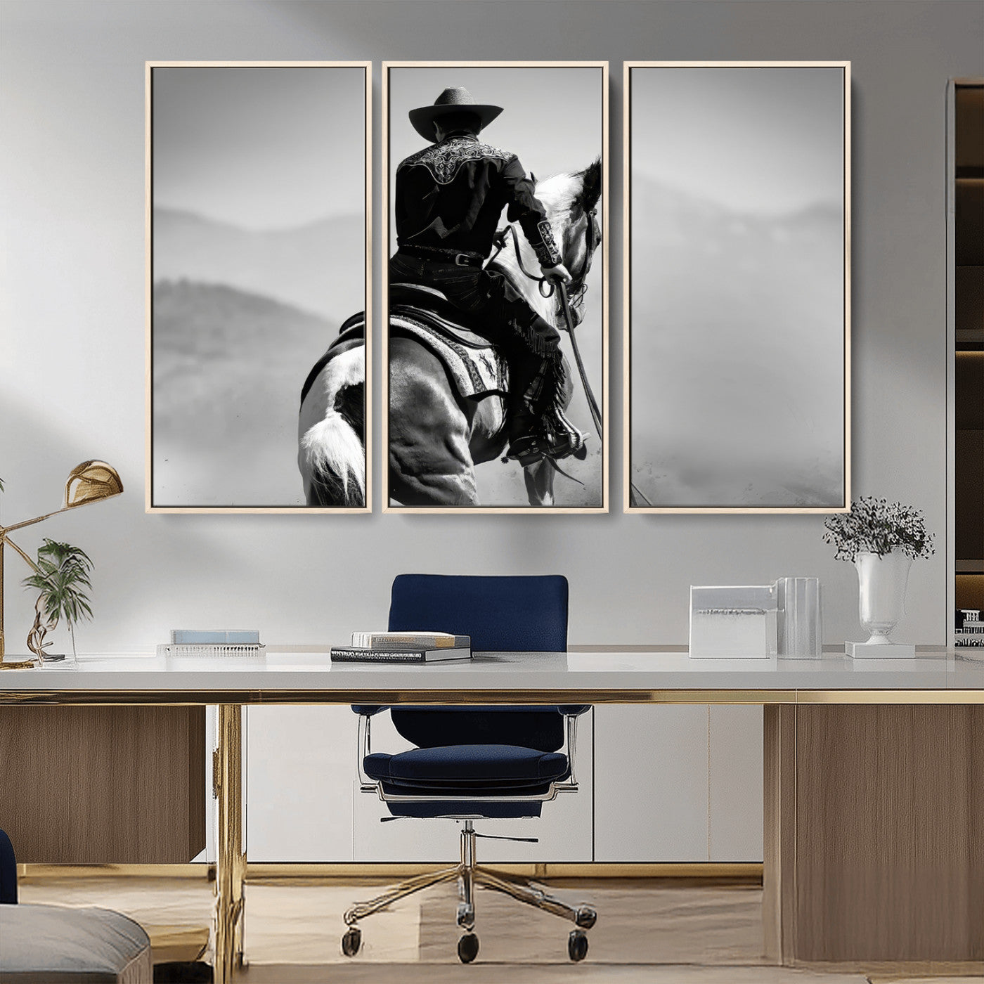 Black and white canvas of a cowboy on horseback with moody tones, perfect for rustic western or country-inspired home decor.