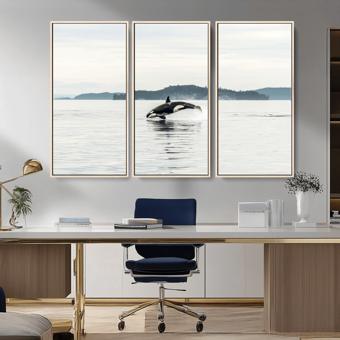 An orca jumping out of calm ocean waters with a misty island in the background, creating a serene and minimalist marine wildlife scene.