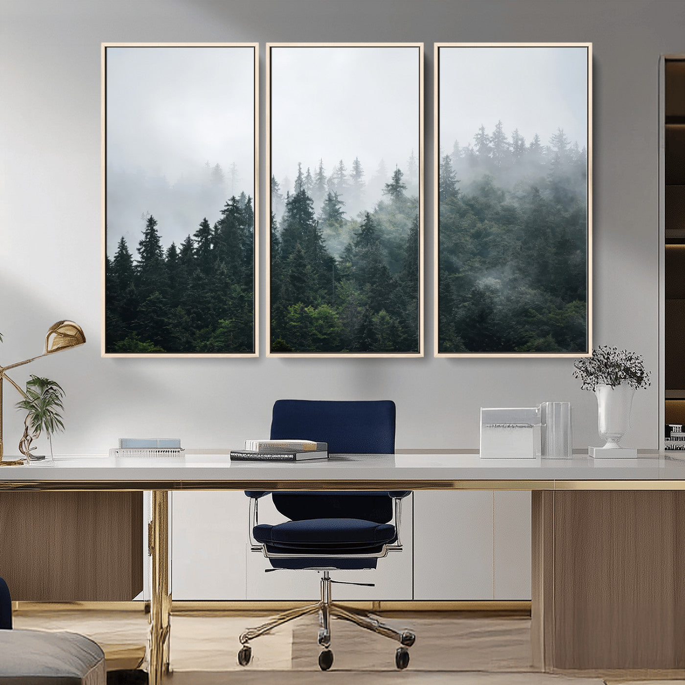 A misty evergreen forest shrouded in soft fog, creating a tranquil and moody landscape with lush green trees fading into the distance.
