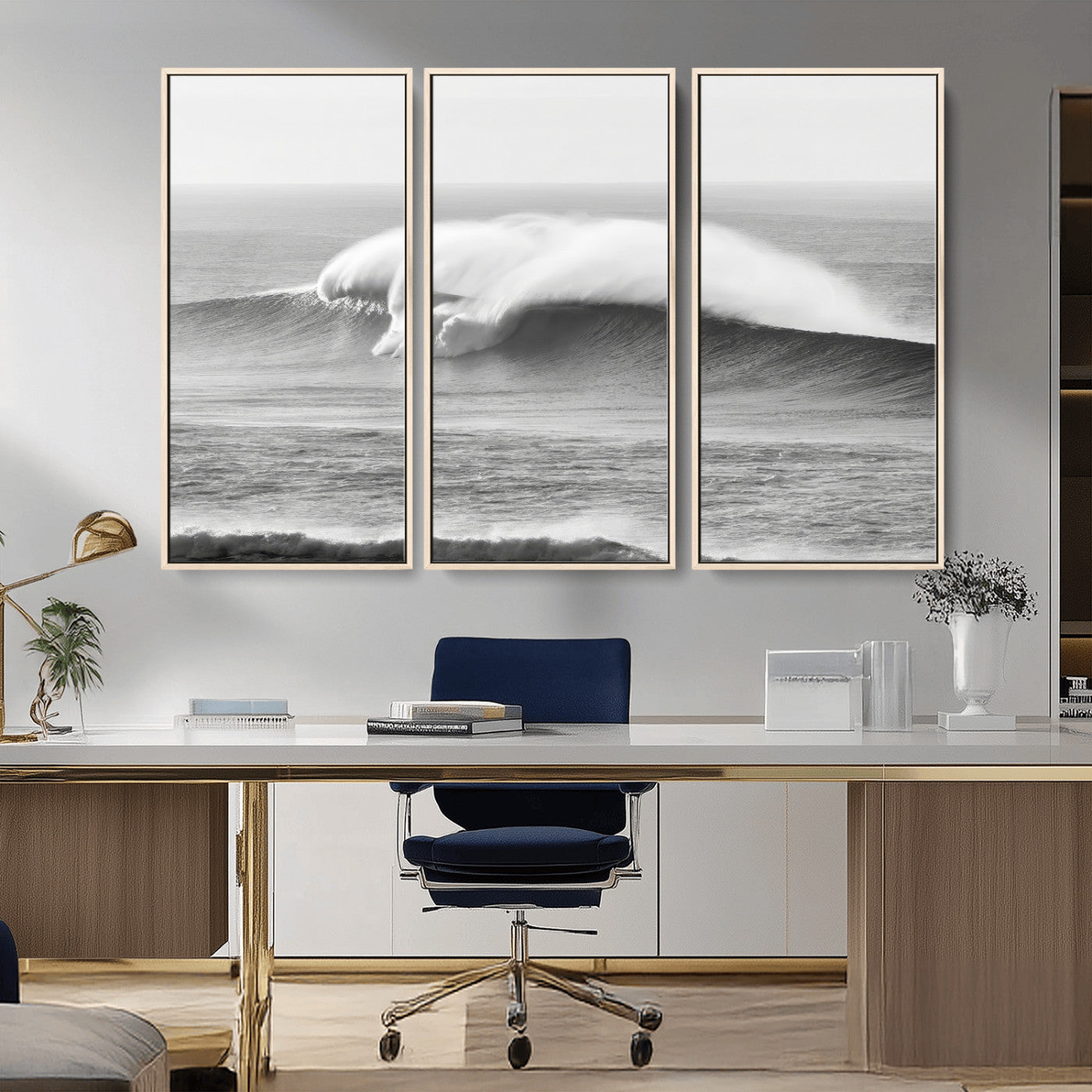 A dramatic black and white ocean wave crashing with immense force, capturing the raw power and movement of the sea in a bold seascape.