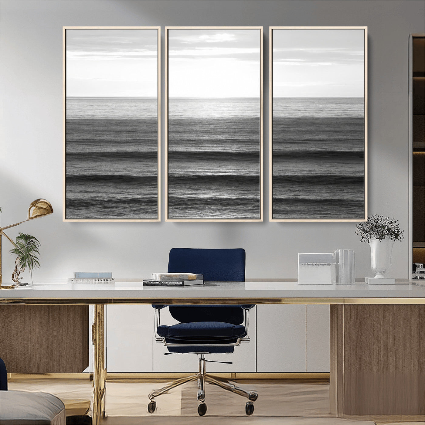 Minimalist black and white ocean view with layered waves reflecting sunlight, evoking a sense of calm and coastal serenity.