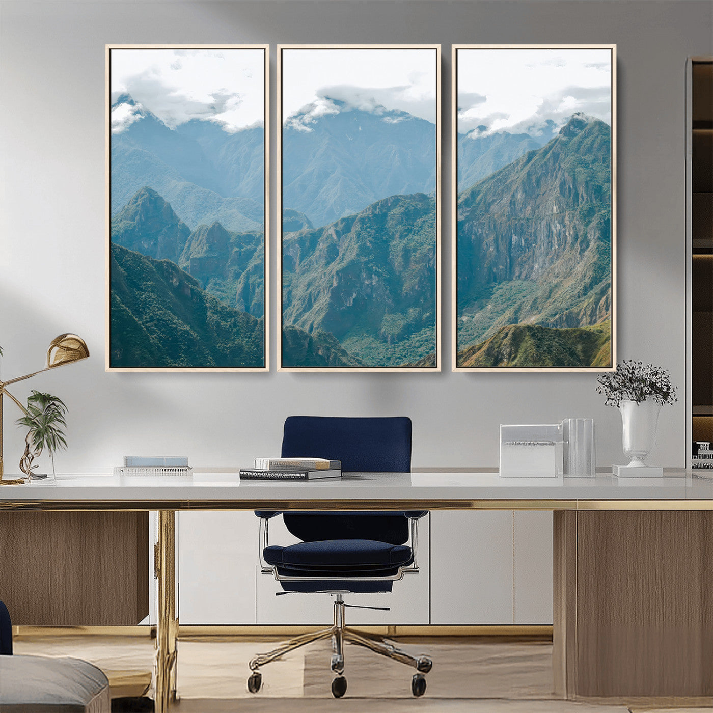 A misty mountain landscape with cloud-covered Andean peaks and lush green valleys, creating a dramatic and serene view, perfect for rustic or nature-inspired home decor.