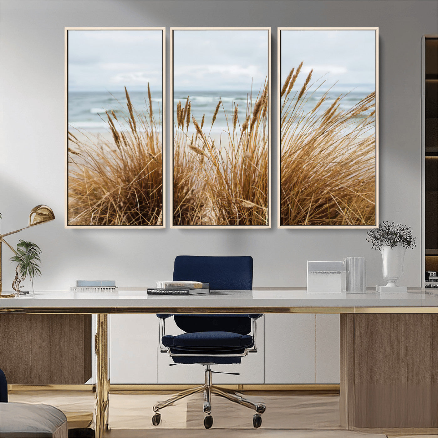 Canvas of golden beach grass swaying by the ocean under a soft cloudy sky, perfect for neutral-toned or coastal minimalist decor.