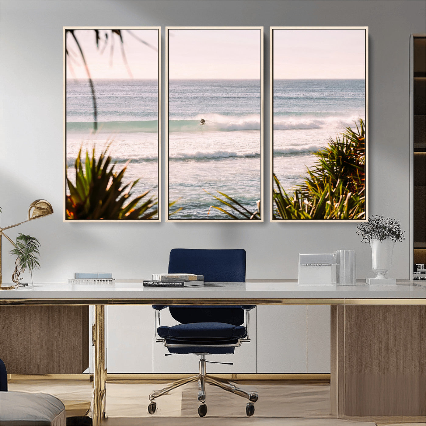 Canvas of a lone surfer riding a pastel wave at sunrise, perfect for tropical or coastal-themed spaces with a relaxed, airy vibe.