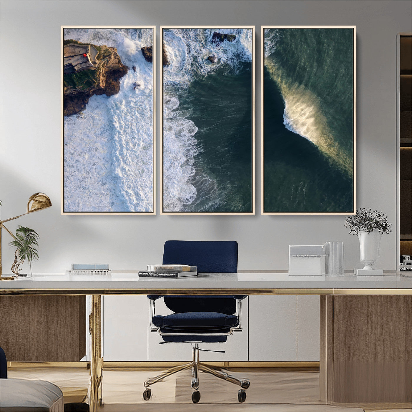 Canvas showing an aerial view of crashing waves along the Nazaré coastline, perfect for dramatic coastal or ocean-themed home decor.