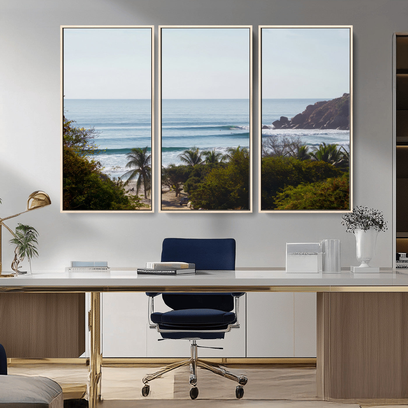 View of calm ocean waves with palm trees and a tropical coastline, ideal for coastal boho or beach-themed wall decor.