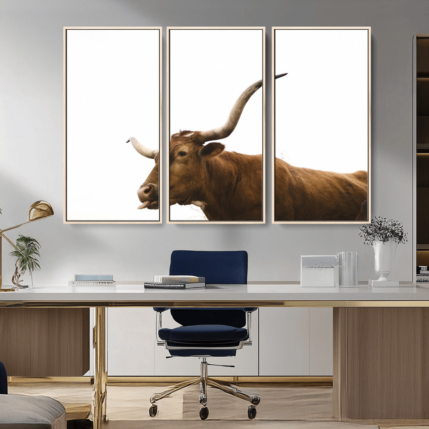 Minimal photo of a longhorn cow with white background, ideal for rustic, western or farmhouse-style interior decor.